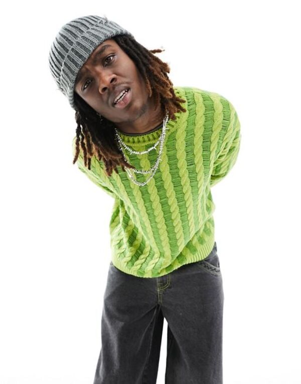 【送料無料】 エイソス メンズ ニット・セーター アウター ASOS DESIGN oversized knit braided cable sweater in green LIME GREEN