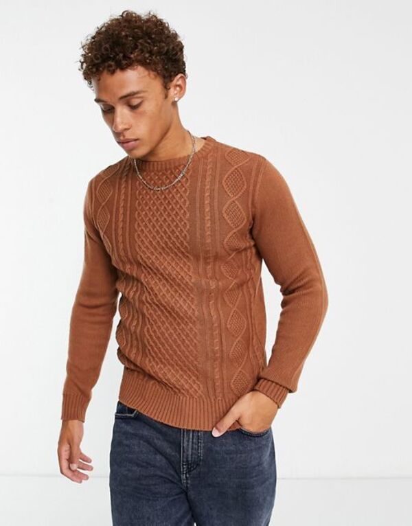 【送料無料】 ル ブレーベ メンズ ニット・セーター アウター Le Breve diamond cable knit sweater in light brown BROWN