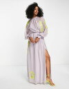 【送料無料】 エイソス レディース ワンピース トップス ASOS DESIGN high neck maxi dress with tie waist detail and stencil floral embroidery in lilac Lilac