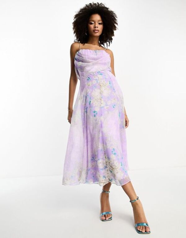  エイソス レディース ワンピース トップス ASOS DESIGN corset midi dress with soft cowl front in lilac floral print Lilac floral print