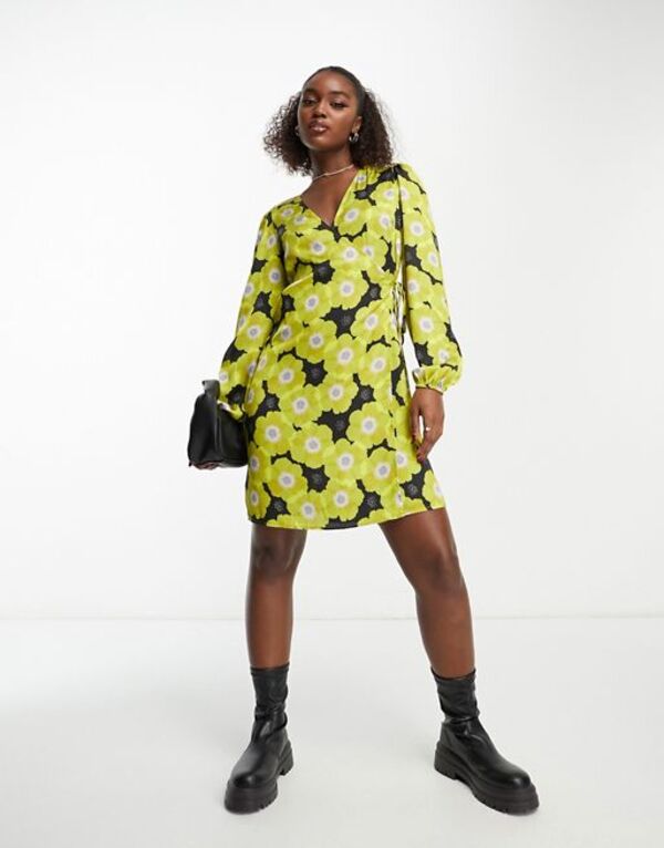 【送料無料】 ワイエーエス レディース ワンピース トップス Y.A.S becca long sleeve wrap dress in yellow and black print Yellow/b..