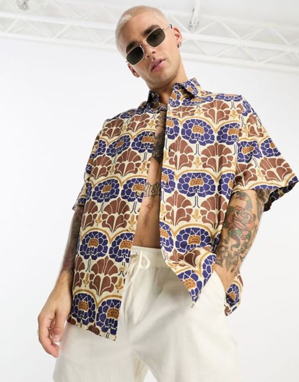 ̵    ȥåץ ASOS DESIGN boxy oversized linen mix shirt in brown 70s floral BROWN