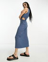  エイソス レディース ワンピース トップス ASOS DESIGN crinkle midi dress with cut out side detail and toggle trim in blue BLUE
