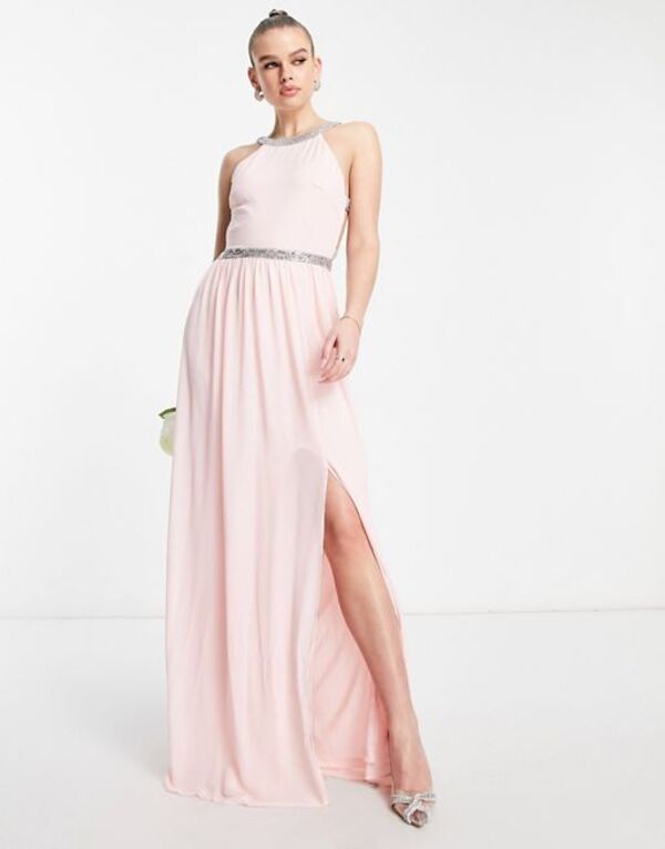  ティエフエヌシー レディース ワンピース トップス TFNC open back chiffon maxi dress with pretty embellishment in whisper pink Whisper pink