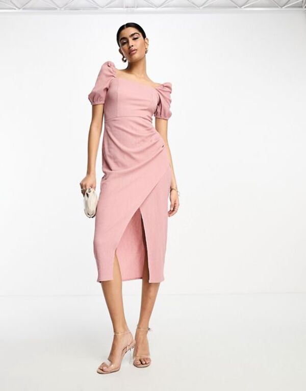 【送料無料】 エイソス レディース ワンピース トップス ASOS DESIGN textured square neck puff sleeve midi dress in dusty pink Dusty pink