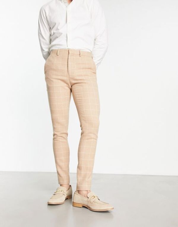 【送料無料】 エイソス メンズ カジュアルパンツ ボトムス ASOS DESIGN super skinny wool mix smart pants in camel window check CAMEL