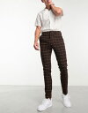 エイソス 【送料無料】 エイソス メンズ カジュアルパンツ ボトムス ASOS DESIGN skinny wool mix smart pants in chocolate brown window check BROWN