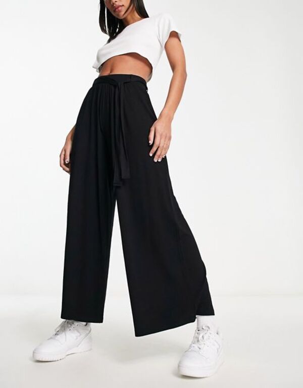 yz GC\X fB[X MX {gX ASOS DESIGN tie belt wide leg pant culottes in black Black