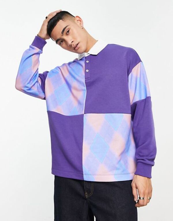 【送料無料】 エイソス メンズ パーカー・スウェット アウター ASOS DESIGN oversized polo sweatshirt with check paneling in purple Deep Wisteria