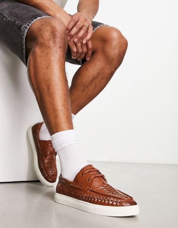 【送料無料】 エイソス メンズ デッキシューズ シューズ ASOS DESIGN woven boat shoes in tan faux leather with contrast sole TAN