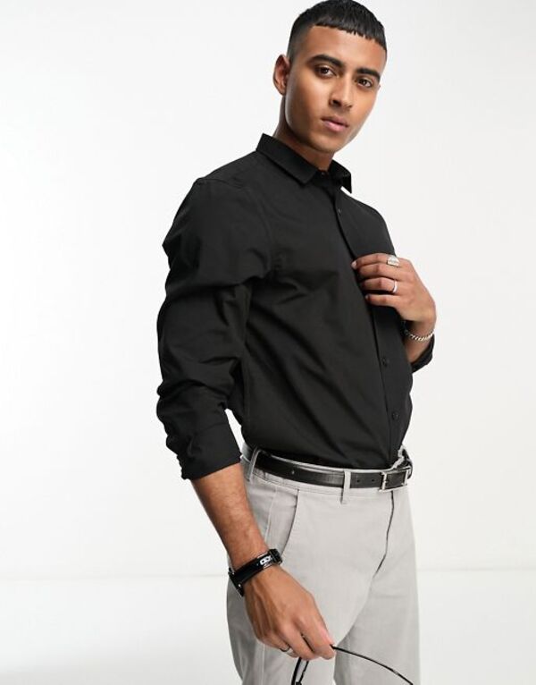 楽天ReVida 楽天市場店【送料無料】 ニュールック メンズ シャツ トップス New Look long sleeve poplin shirt in black Black