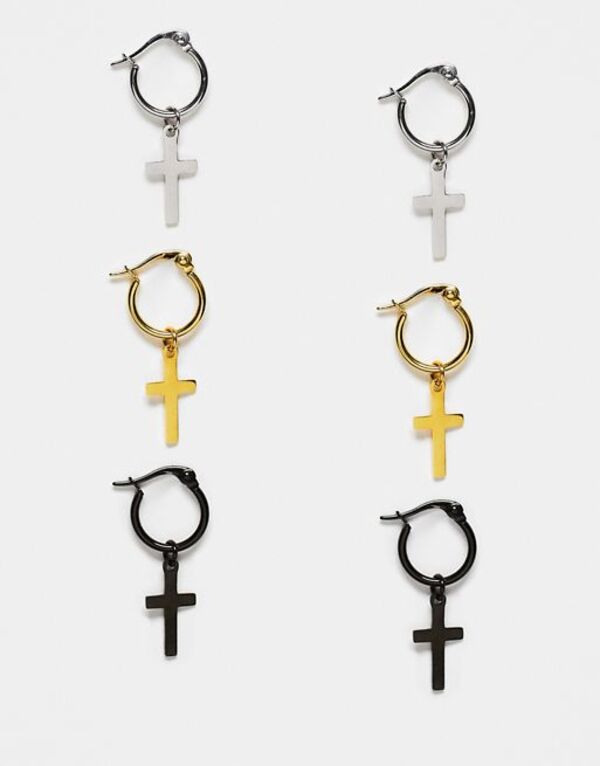 yz GC\X Y sAXECO ANZT[ ASOS DESIGN 3-pack waterproof stainless steel hoop earrings set with cross pendant in silver, gold and matte black Multi