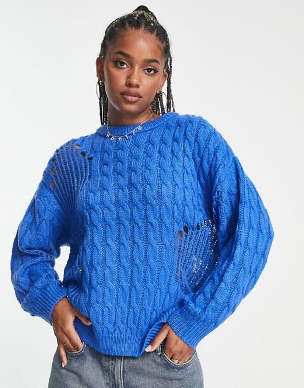 【送料無料】 エイソス レディース カーディガン アウター ASOS DESIGN distressed oversized sweater with open cable stitch in blue Blue