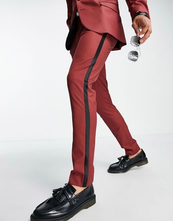 エイソス 【送料無料】 エイソス メンズ カジュアルパンツ ボトムス ASOS DESIGN skinny tuxedo pants with satin side stripe in red RED