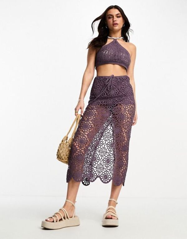 【送料無料】 プルアンドベアー レディース スカート ボトムス Pull Bear crochet maxi skirt in purple - part of a set PURPLE