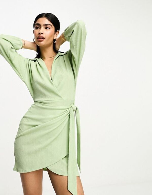  エイソス レディース ワンピース トップス ASOS DESIGN long sleeve v neck wrap mini dress in mint Mint green