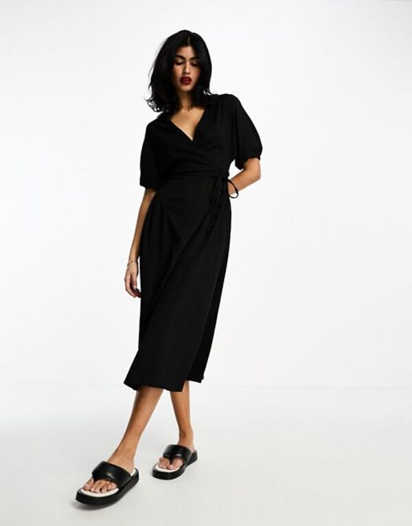  エイソス レディース ワンピース トップス ASOS DESIGN textured crinkle wrap midi dress with tie side in black Black