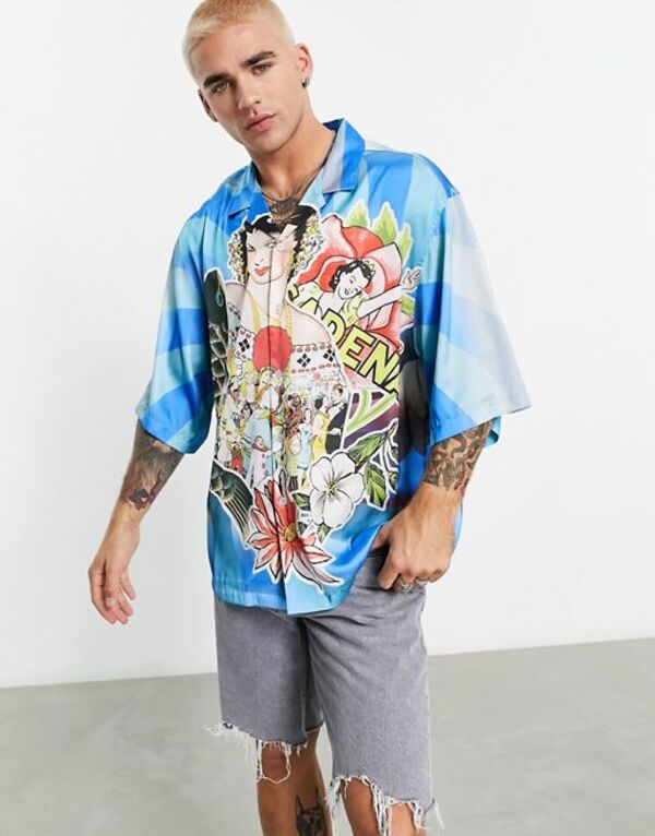  エイソス メンズ シャツ トップス ASOS DESIGN dropped shoulder oversized revere satin shirt with placement print Multi