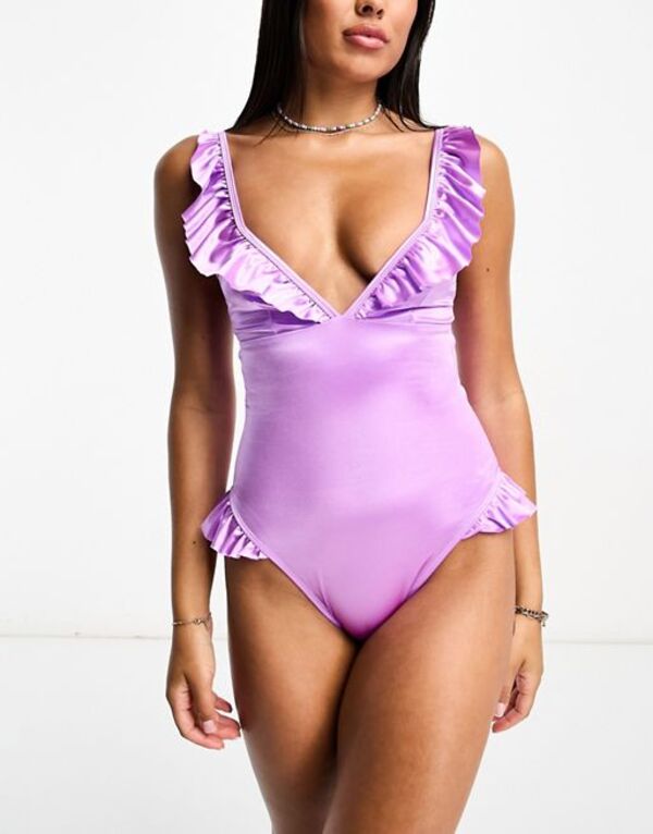 エイソス 水着 レディース 【送料無料】 エイソス レディース 上下セット 水着 ASOS DESIGN frill plunge swimsuit with seam detail in lilac LILAC