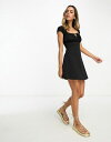  エイソス レディース ワンピース トップス ASOS DESIGN cap sleeve ruched mini dress with tie detail in black Black