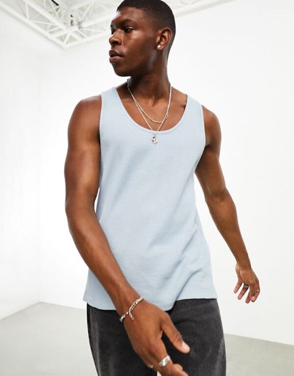 ̵   ٥ ȥåץ ASOS DESIGN textured relaxed fit tank top in blue Dusty blue