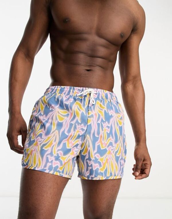 ̵ ǥ  ϡեѥġ硼  Weekday Tan marble print swim shorts in blue BLUE