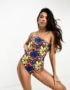 yz X[hxA fB[X ㉺Zbg  Threadbare one shoulder swimsuit with cut out detail in blue retro floral print blue