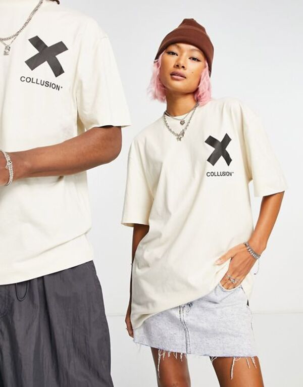 【送料無料】 コルージョン レディース シャツ トップス COLLUSION Unisex logo cotton T-shirt in off-white Off-white