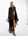 エイソス 【送料無料】 エイソス レディース ワンピース トップス ASOS DESIGN satin flare sleeve mini dress with fringe detail in chocolate Chocolate