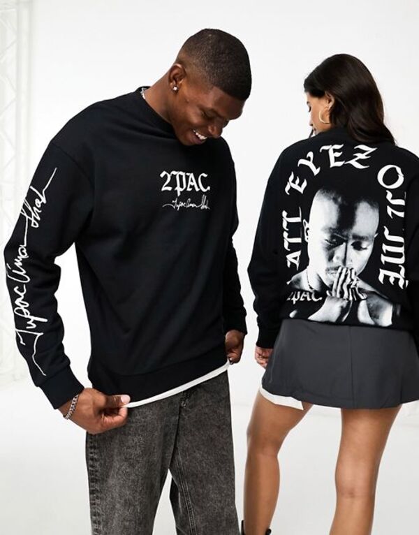 【送料無料】 エイソス メンズ パーカー・スウェット アウター ASOS DESIGN unisex license oversized sweatshirt with Tupac prints in black Black