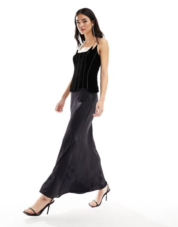 【送料無料】 エイソス レディース ワンピース トップス ASOS DESIGN velvet corset bodice satin bias maxi dress in black Black