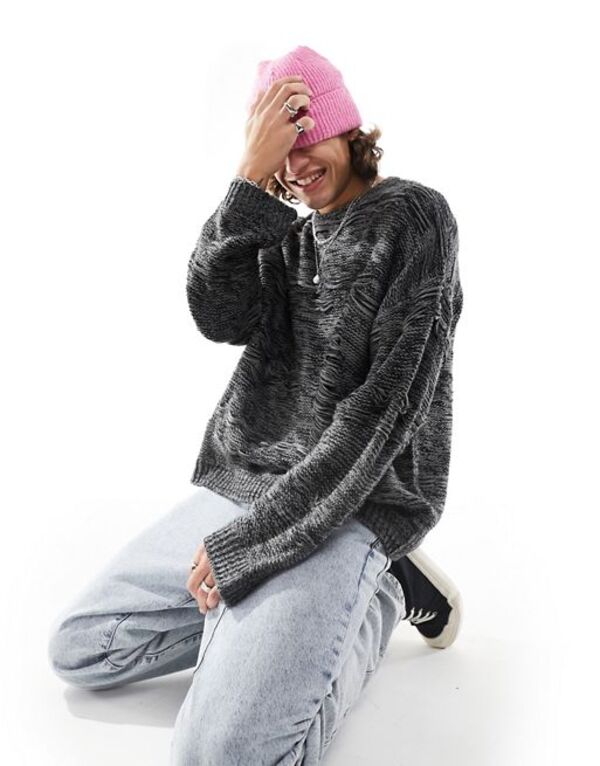 【送料無料】 エイソス メンズ ニット・セーター アウター ASOS DESIGN oversized knit laddered sweater in charcoal CHARCOAL