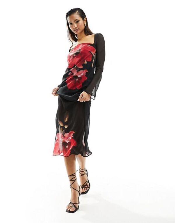  エイソス レディース ワンピース トップス ASOS DESIGN chiffon midi dress with bolero sleeves in placement print Floral placement