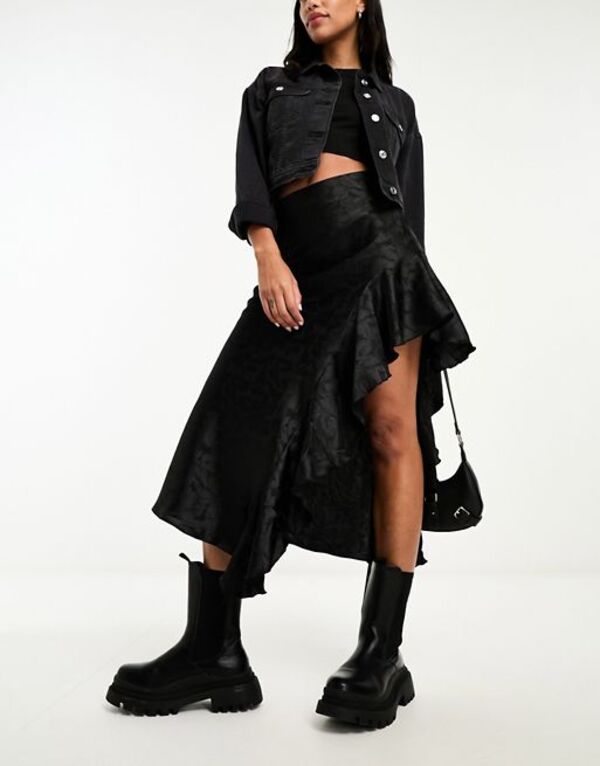 ̵ ߥեեå ǥ  ܥȥॹ Miss Selfridge satin jacquard asymmetric ruffle maxi skirt in black Black