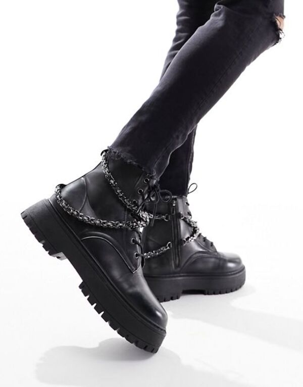 【送料無料】 エイソス メンズ ブーツ・レインブーツ シューズ ASOS DESIGN lace up boot in black faux leather with chunky sole and studs Black