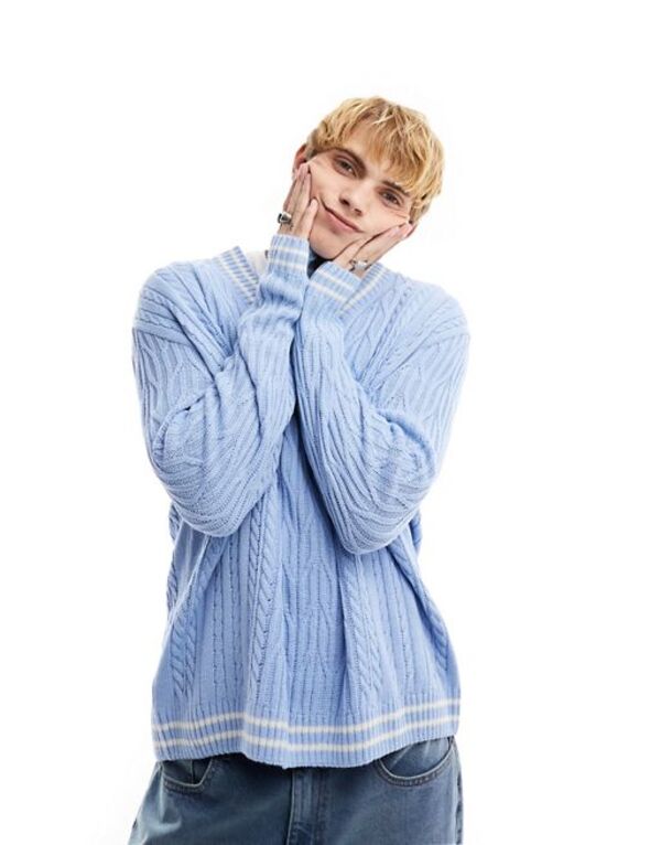 【送料無料】 エイソス メンズ ニット・セーター アウター ASOS DESIGN oversized knit cable cricket sweater in light blue LIGHT BLUE