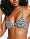 yz L fB[X gbv̂  Monki polyester heart ring bikini top in black gingham - BLACK Black