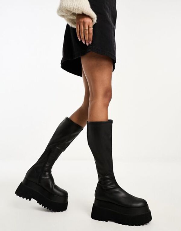 【送料無料】 エイソス レディース ブーツ・レインブーツ シューズ ASOS DESIGN Conspire flat chunky knee boots in black Black
