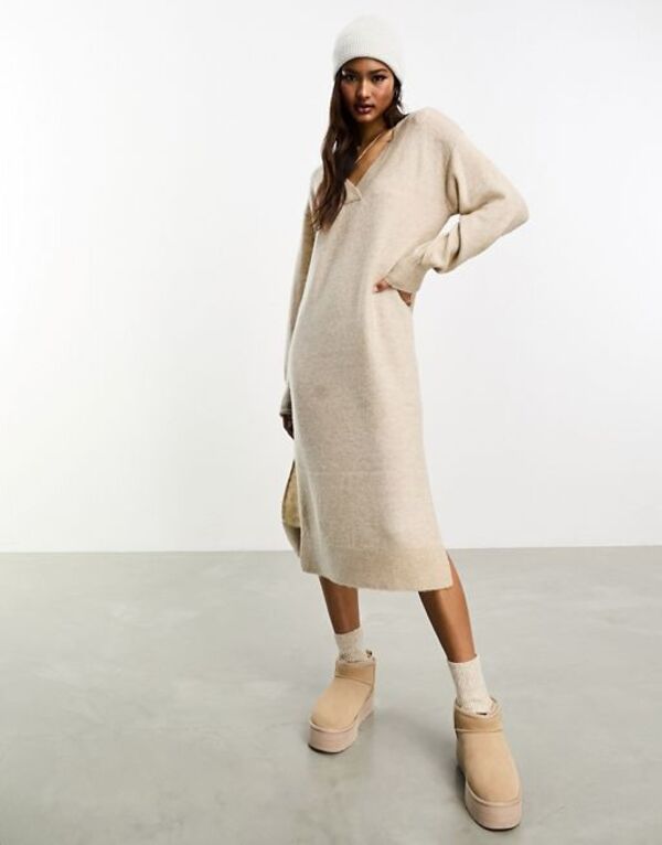 【送料無料】 ワイエーエス レディース ワンピース トップス Y.A.S v neck knitted sweater dress in oatmeal Oatmeal