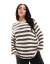  オンリーカーブ レディース Tシャツ トップス Only Curve T-shirt in brown and white stripe BROWN & WHITE STRIPE