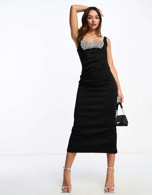 エイソス 【送料無料】 エイソス レディース ワンピース トップス ASOS DESIGN embellished bust insert scuba midi dress in black Black