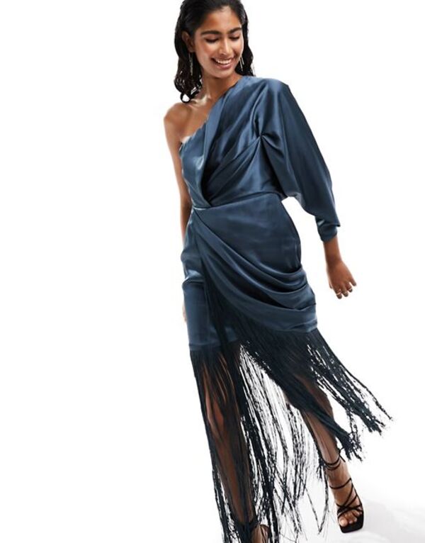 エイソス 【送料無料】 エイソス レディース ワンピース トップス ASOS DESIGN satin one sleeve ruched maxi dress with fringe detail in blue Dark Blue