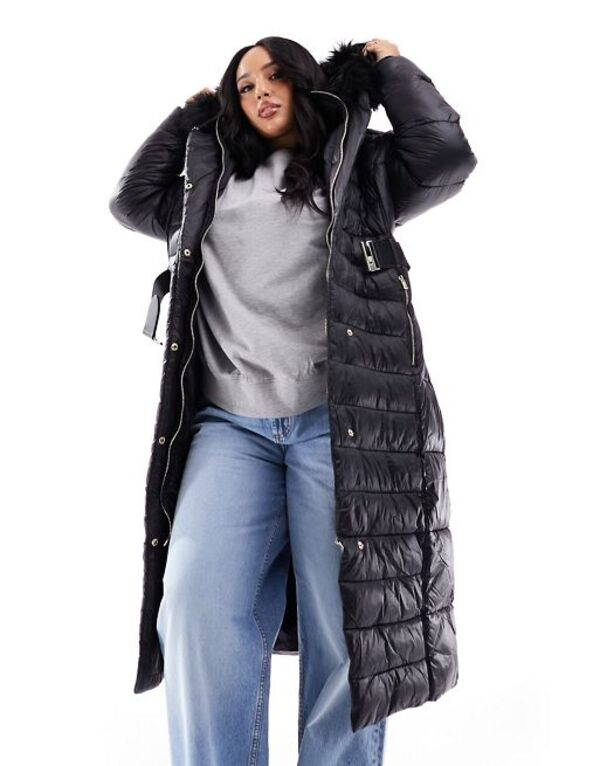 リバーアイランド 【送料無料】 リバーアイランド レディース コート アウター River Island Plus maxi belted puffer with faux fur hood in black Black