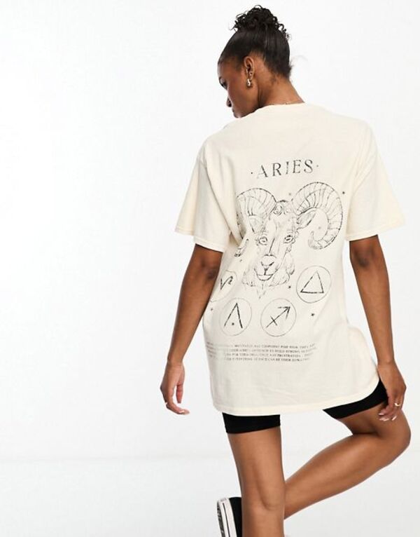  ミスセルフフリッジ レディース Tシャツ トップス Miss Selfridge horoscope aries oversized T-shirt in ecru ECRU