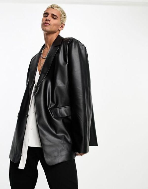 【送料無料】 エイソス メンズ ジャケット・ブルゾン アウター ASOS DESIGN oversized leather look blazer in black Black