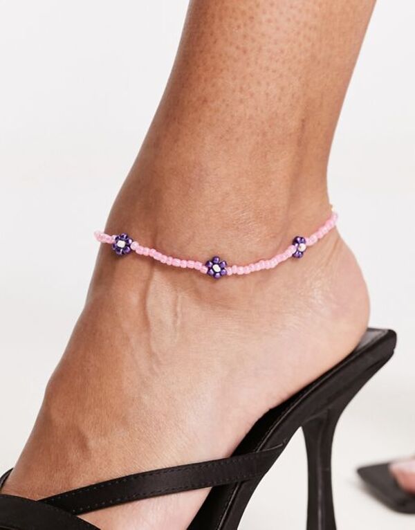  デザインビーロンドン レディース ブレスレット・バングル・アンクレット アクセサリー DesignB London pearl and flower beaded anklet in pink Pink