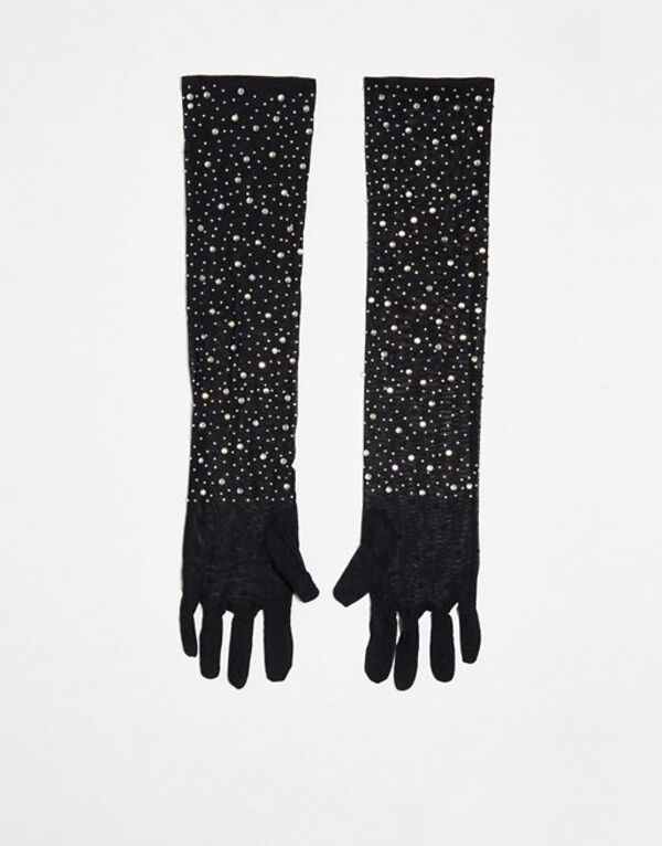 yz }CANZT[Y fB[X  ANZT[ My Accessories London over the elbow long rhinestone gloves in black Black
