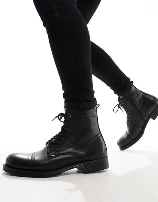 【送料無料】 ジャック アンド ジョーンズ メンズ ブーツ・レインブーツ シューズ Jack & Jones leather lace up boot in black Anthracite