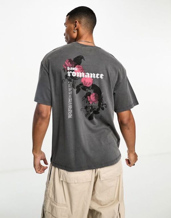 ̵ ץ  T ȥåץ ADPT super oversized T-shirt with roses back print in washed gray Asphalt