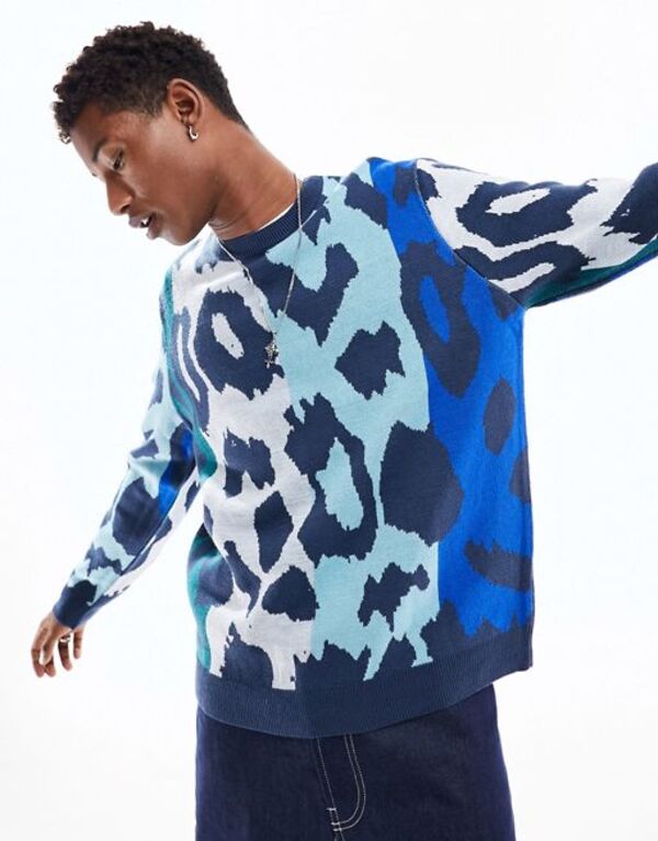 【送料無料】 エイソス メンズ ニット・セーター アウター ASOS DESIGN knit sweater in blue animal design Blue